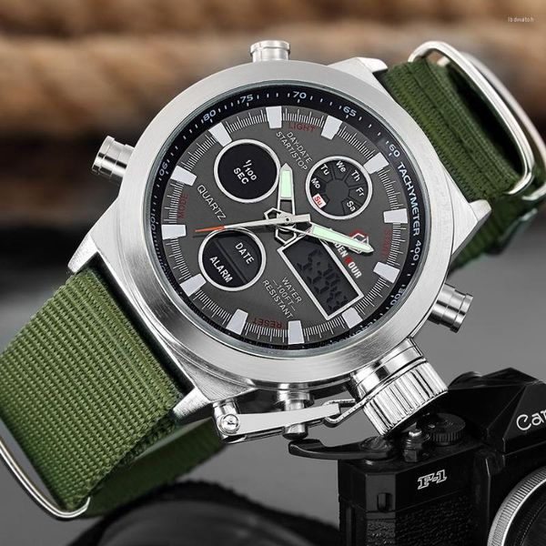 Avanadores de pulso GoldenHour Sport Men Wristwatch Fashion Quartz Watch Nylon Strap Week Display Army Military LED relógio Relógio Masculino