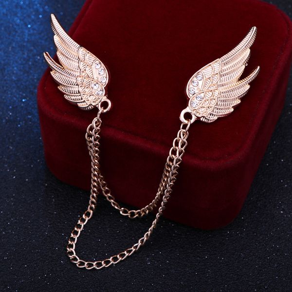 New Moda Crystal Angel Wing Broche Metal Tassels Chain Pins Men Ter Suit Camisa Corsage Beooches Gifts For Women Acessórios