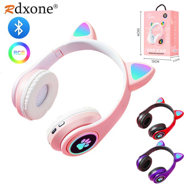 Cuffie Cuffie senza fili Bluetooth Cat Ear Glow Light Stereo Bass Caschi Bambini Gamer Girl Regali PC Phone Cuffie da gioco 230518