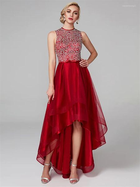 Partykleider, A-Linie, glitzerndes Cocktailkleid, asymmetrisch, ärmellos, Juwel-Ausschnitt, Satin mit Schleife, Pailletten, elegant, glänzend, mit Perlen besetzt