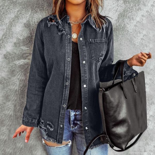 Damenjacken, Jeansjacke für Damen, Distressed, ausgefranste Denim-Damen, zerrissen, dehnbar, mit Taschen für Damen