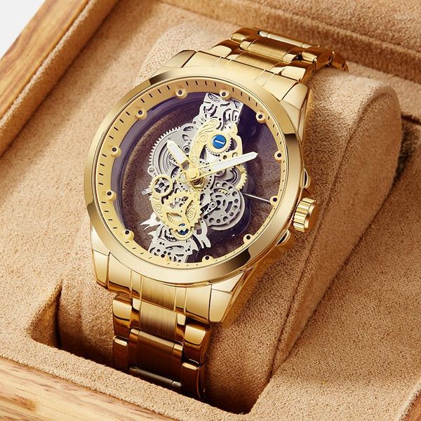 Armbanduhren Skeleton Hollow Herrenuhren Luxus Steampunk Gold Schwarz Quarzuhr Edelstahl Männlich Transparent Mann Relogio Masculino