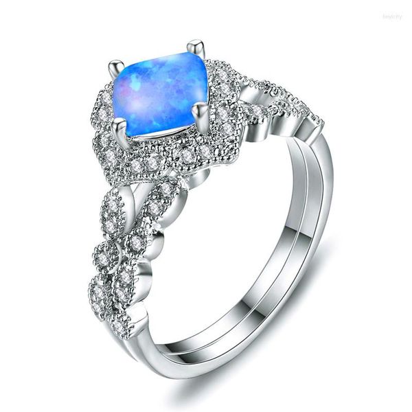 Eheringe Mode Braut Quadrat Stein Verlobungsring Sets Luxus Weibliche Blau Weiß Opal Vintage Silber Farbe Für Frauen