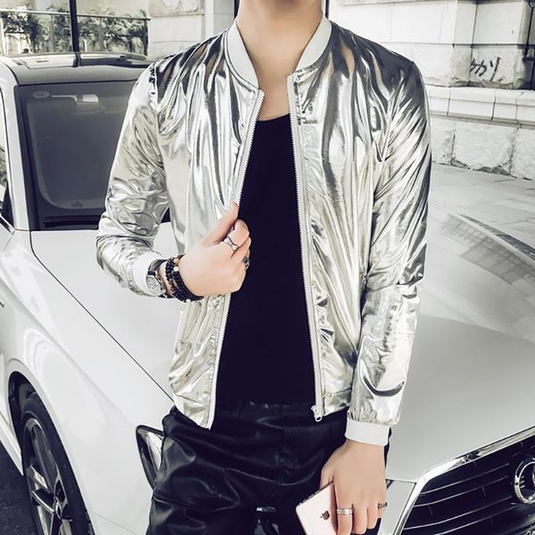 Giacche da uomo Bomber da baseball argento lucido Giacca da uomo Party Nightclub Stage Dance Prom Cappotto Moda Hiphop Streetwear Costume Homme 3XL