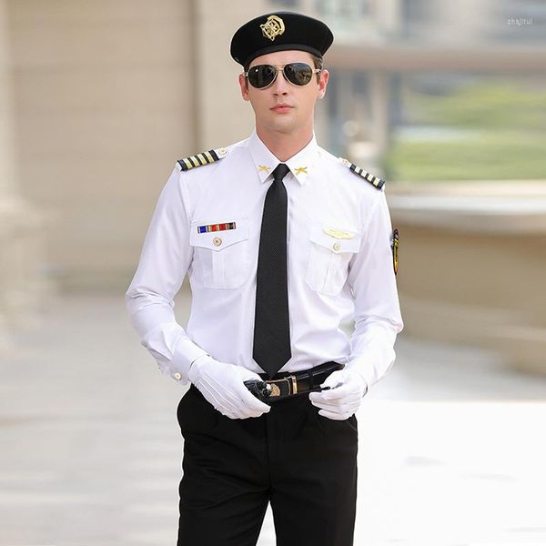 Vestido masculino camisa de segurança roupas roupas de manga curta longa camisa branca homens capitão piloto uniforme comercial trajes cerimoniais casuais