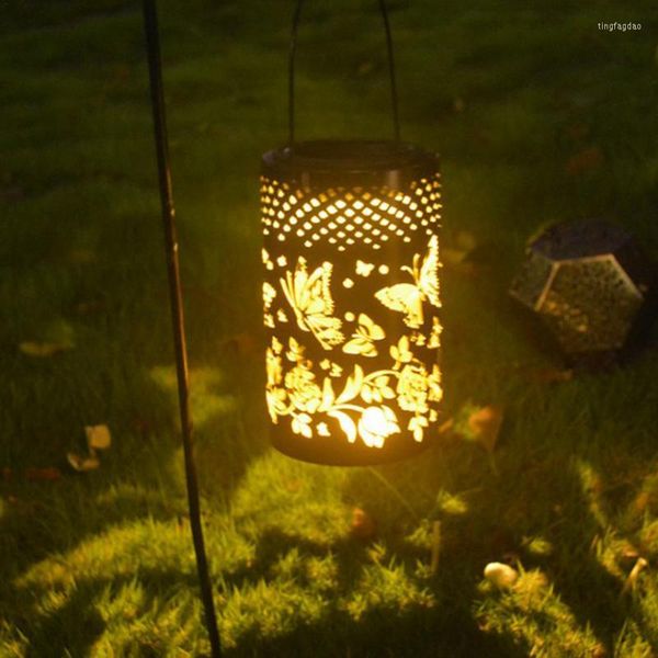 Flores decorativas jardim luzes solares decoração de varanda led borboleta lantern decoração hollow out lanternas de metal