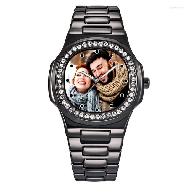 Orologi da polso da uomo Orologio con strass di colore nero dorato Personalizzato Po Face Design creativo Logo Orologi Regalo personalizzato fai da te per