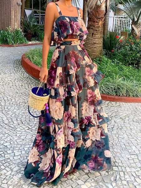 Arbeitskleider Sexy Kleid 2023 Sommer für Frauen Fashion Floral Top Hosenträger Rüschen Kuchen Rock Anzug Elegante Party