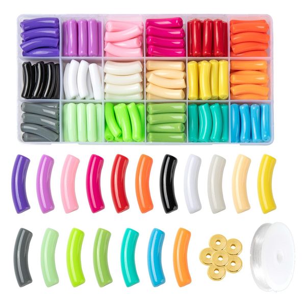 Perline 1 Set Fai da te CCB Perline a tubo curvo in plastica Kit per la creazione di braccialetti elasticizzati Scivolo colorato per noodle Perline acriliche Perline distanziatrici Cavo elastico