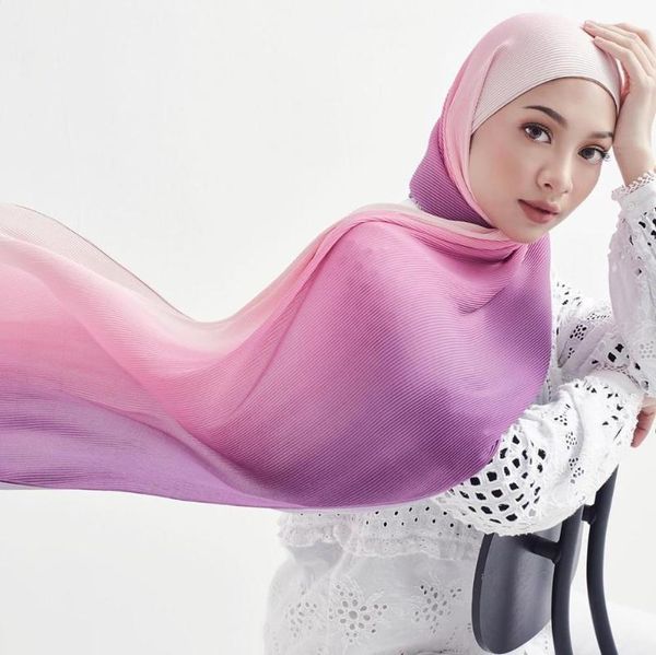 Schals Frauen Muslim Malaysia Rüschen Chiffon Schal Islamische Tücher Kopfbedeckung Lange Wraps Plissee Farbverlauf Farben Plain Hijabs