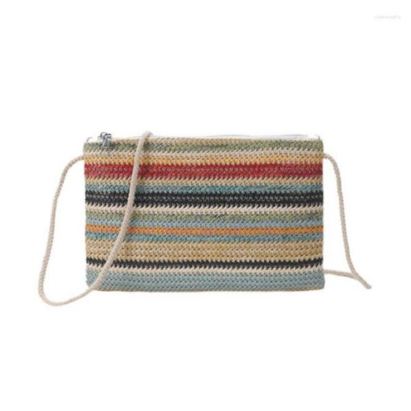 Borse da sera Borsa da donna in paglia intrecciata a onde colorate Borsa a tracolla con patta a pannelli femminili Summer Beach Shoulder Knitting Mobile Phone