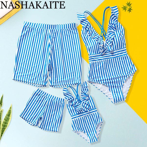 Passende Familienoutfits NASHAKAITE Kits Blau gestreift, tiefer V-Ausschnitt, gekreuzt, Badeanzug für Mama und mich, Sommer-Bademode-Look, Mutter-Tochter-Look, 230518