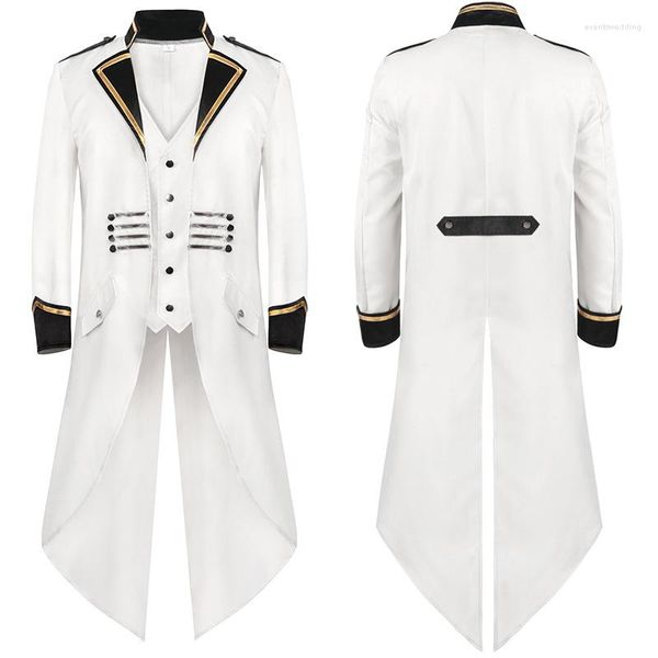 Herren-Trenchcoats, Herren, weiß, mittelalterlich, Steampunk, Frack, Silber, goldener Rand, Botton-Jacke, Piraten-Vampir-Cosplay, gotischer viktorianischer Gehrock