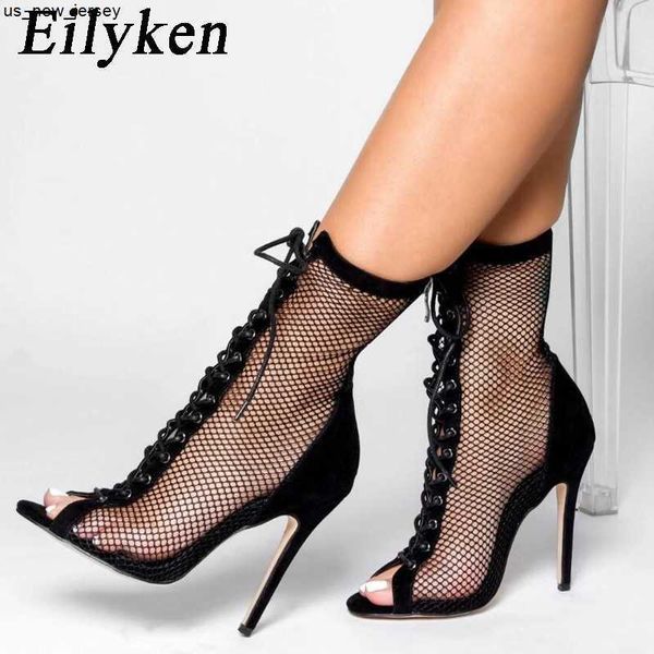 Sandalen Eilyken Mode Design Mesh High Heel Frauen Stiefel Sandalen Strippers Sexy Peep Toe T-gebunden Pole Dance Stiletto Schuhe j230518