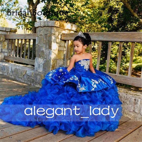 Königsblaue süße Mini-Quinceanera-Kleider für Kinder, Schönheitswettbewerb-Kleider, geschwollene Blumen, Mädchen-Geburtstagskleid, Fotografie, mexikanischer Charro