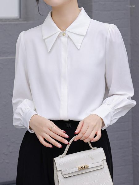 Blouses pour femmes Satin boutonné chemises blanches femmes col rabattu à manches longues Blouse bureau dames formelle femme 2023 hauts