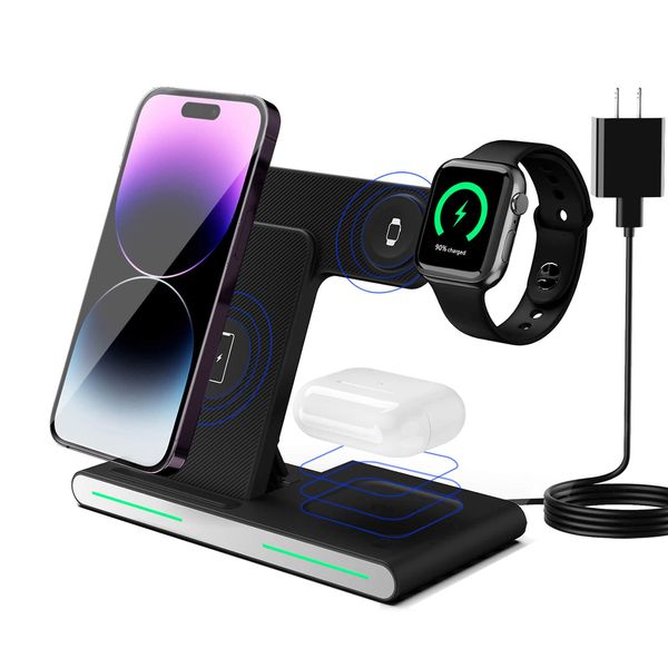 Stazione di ricarica rapida pieghevole da 15 W Supporto per caricabatterie wireless veloce 3 in 1 per Apple iPhone 14 13 12 11 Pro Watch Series 8 7 6 SE 5 4 3 2 AirPods 3/2/Pro