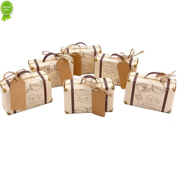Nuova scatola regalo mini valigia da 50 pezzi Scatola regalo per caramelle con etichetta Carta kraft vintage e corda di canapa per decorazioni per feste nuziali