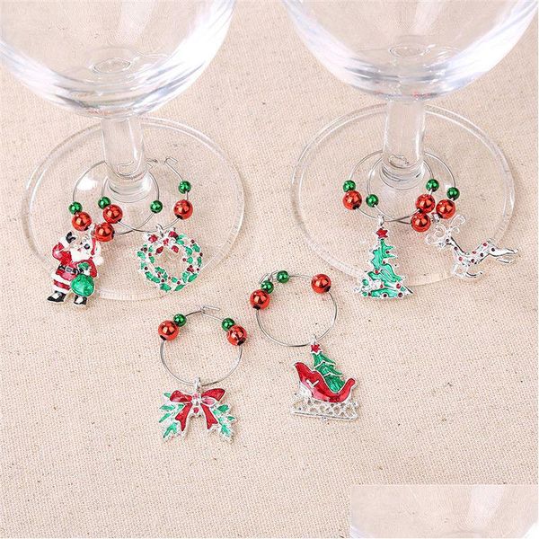 Decorações de Natal Reconhecedor da caneca de vinho 6 PCs/conjunto Rótulo de vidro Xmas Ornamento de óculos Marcador Santa Tree Decoração de decoração Deliv Dhyde