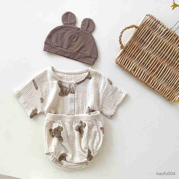 Kleidungssets Unisex Neugeborenes Baby Junge Mädchen Kleidung Niedlicher kleiner Bär Kurzarm Tops Shorts Hüte Baby Mädchen Kleidung Baumwolle Kleidungssets R230518