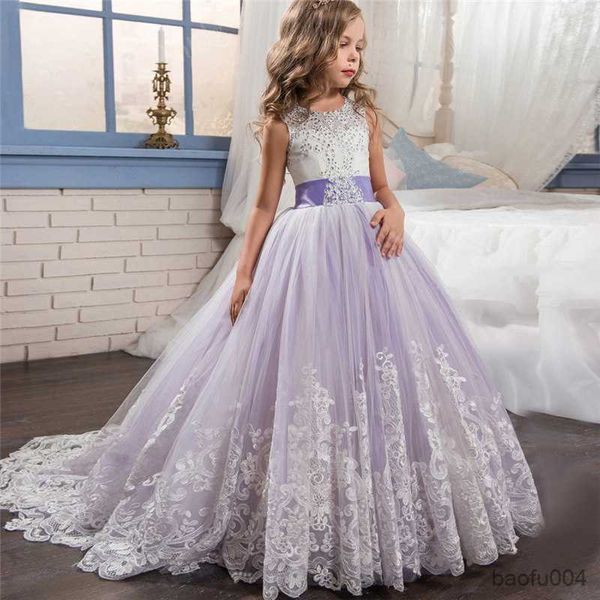 Vestidos de menina vestido de noiva de flor branco Primeira comunhão formal Lace Lace Princesa vestido de baile de vida longa vestido formal da noite para casamento