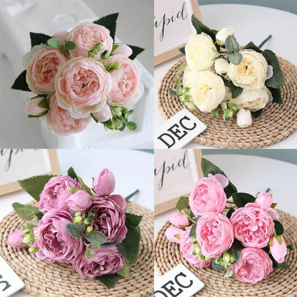 Flores decorativas 30 cm de rosa seda peony bouquet de flor artificial 5 cabeças grandes e 4 brotos falsos para o interior do casamento em casa de Natal decort decort