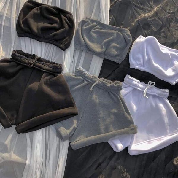 Damen-Badebekleidung, Sommer, 2-teiliges Strampler-Outfit, trägerlos, Bandeau, Röhren-Crop-Top, Kordelzug, Taille, Shorts, einfarbig, Trainingsanzug, Damen