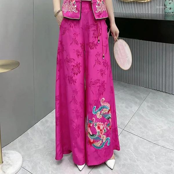 Roupas étnicas 2023 Bordado de estilo nacional de verão Pontas de perna larga Mulheres chinesas Vintage Harajuku Moda As calças femininas rosa preto branco