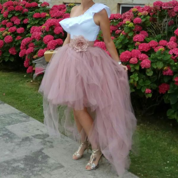 Gonne stile hippie gonna rosa cipria fiore asimmetrico moda tulle a strati donne tutu abiti da festa lunghi da ballo