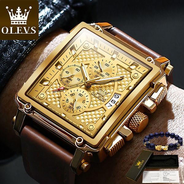 Avanadores de pulso Olevs Original Golden Watch for Men Luxury Brand Militar de couro Militar Big Gold Chronograph Male Relogio Masculino 230517