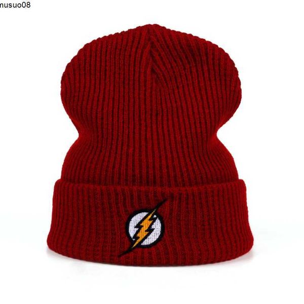 Beanie/Kafatası Kapakları Kış Şapkası Beanies Kafatalar Örgü Şapka Kahraman Barry Allen İşlemi Örgü Kış Şapkası Sıcak Hip-Hop Cap Unisex Teenger Hats J230518