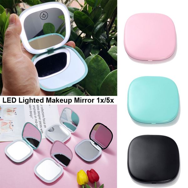 Nova Lady LED Espelho de Maquiagem Lâmpadas Cosméticas Espelho Dupla Face 1x/5x Ampliação Recarregável Espelho de Maquilhagem Dobrável Portátil Viagem Bolso Luzes Iluminadas