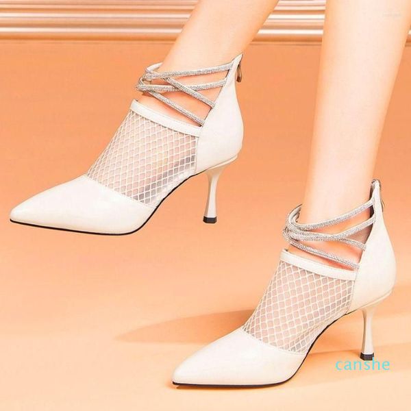 Scarpe eleganti Tacchi alti Scarpe da donna con strass con cinturino in pelle di mucca Décolleté con punta a punta Tacco sottile Stivaletti estivi Scarpa da sposa