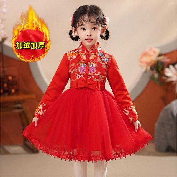 Mädchen Kleider Winter Kleinkind Kinder Warme Hanfu Baby Mädchen Kinder Chinesischen Kalender Jahr Geschenk Stickerei Fleece Gefüttert Prinzessin Kleid