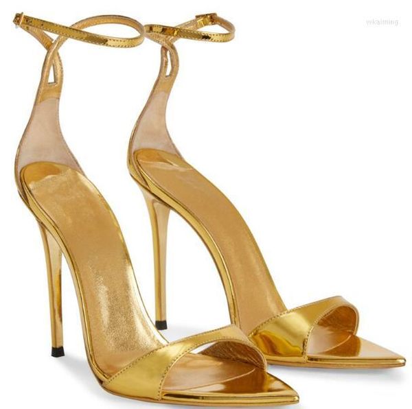 Sandalen Gold Schwarz Nude Glänzende Lederabdeckung Ferse Eine Linie Schnalle Sommer Frauen Peep Toe 8 10 cm Stiletto Heels Kleid Schuhe Dame