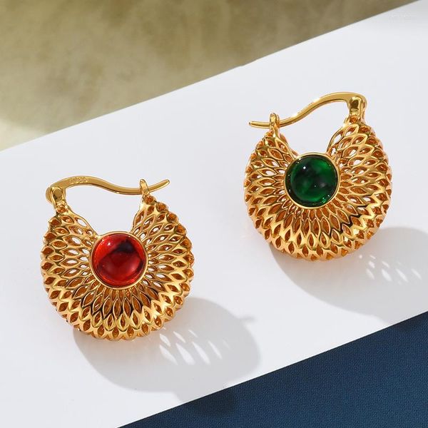 Orecchini a cerchio con fibbia color oro vintage stile reticolo vuoto pietra preziosa verde rossa per gioielli di moda da donna