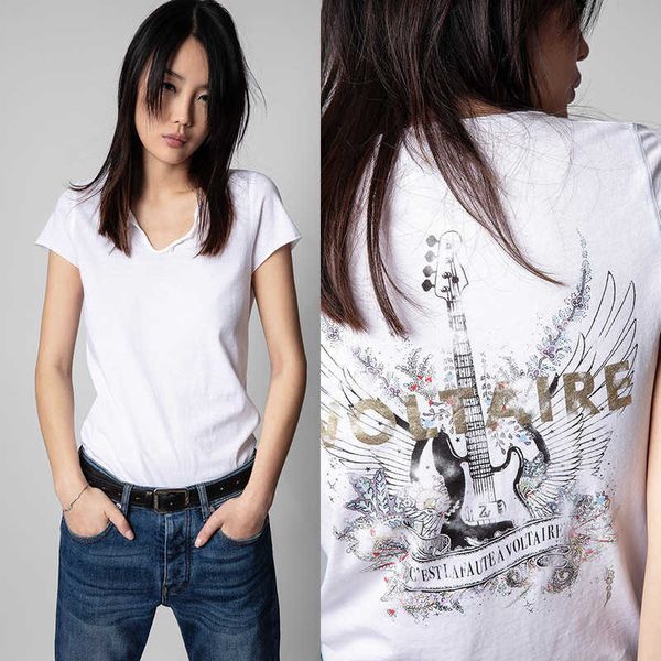 24SS ZADIG VOLTAIRE TOP MODA TREND TASARIMCI KÜÇÜK TROVER T-SHIRT Basit Yaz Pamuklu Yeni Gitar Mektup Damga Baskı U Boyun Beyaz Klasik Stil Kadın Gelgit Polos Tees ZV