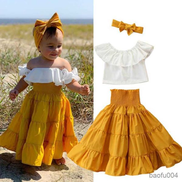 Giyim Setleri 1-7y Yaz Çocuk Bebek Kız Beyaz Fırfır T-Shirt Mahsul Üstler Sarı Yüksek Bel Etek 3 PCS Kıyafetler Kız Giyim Seti R230518