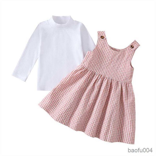 Set di abbigliamento Toddler Kids Pieces Abiti Moda casual Dolcevita Manica lunga TopsandPlaid Strap Dress Set Abbigliamento per neonate R230518