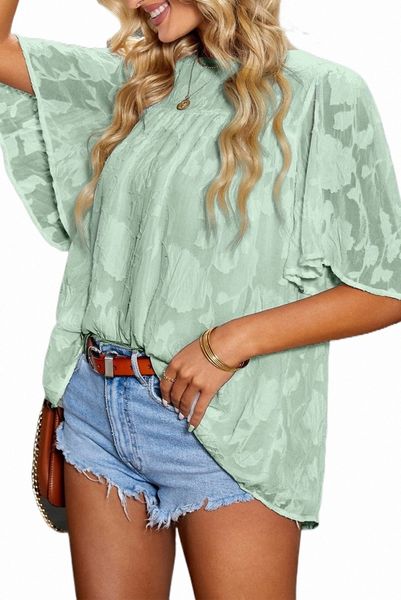 Top babydoll a mezza manica arricciato con texture floreale verde H8TH#