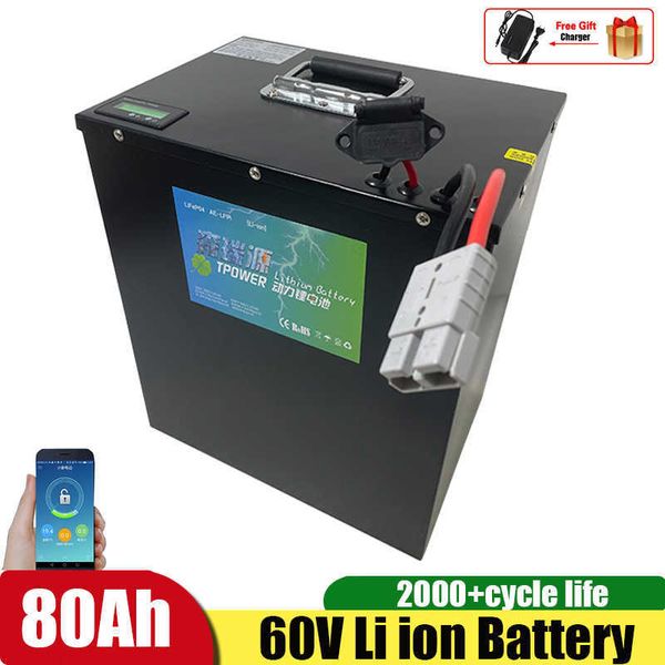 60V 80AH Battery Pack Lithium Li Ion com BMS Bluetooth App for Scooter/Motocicleta Elétrica +67.2V 10A Carregador