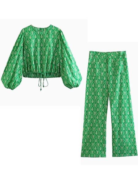 Calças de duas peças femininas traf mulher 2 peças calças de blusa curta conjuntos de moda impressão verde feminino terno casual duas peças roupas mulheres 230518