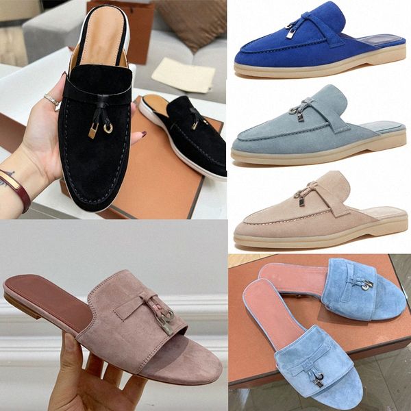 Charmos de verão Slides embelezados loro piana camurça chinelos de luxo sandálias vermelhas sapatos de couro genuíno de dedão casual para fundo branco mulheres dhgate luxo com caixa