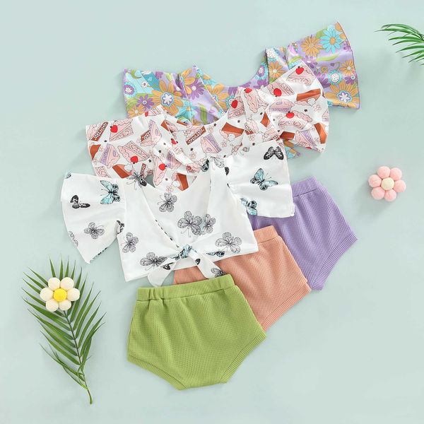 Conjuntos de roupas infantil menina manga curta tops e shorts bolo flor impressão cintura elástica estilo doce roupas de verão