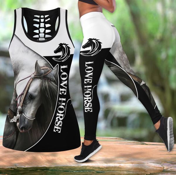 Leggings lindo amor cavalo 3d todo impresso oco tank top leggings conjunto de fitness feminino comprimento total leggings calças de corrida ddk76