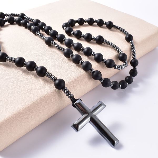 Girocolli Pietra naturale Onice nero smerigliato Collane con rosario di Cristo cattolico con ciondolo a croce in ematite Collana da uomo Gioielli da meditazione 230518