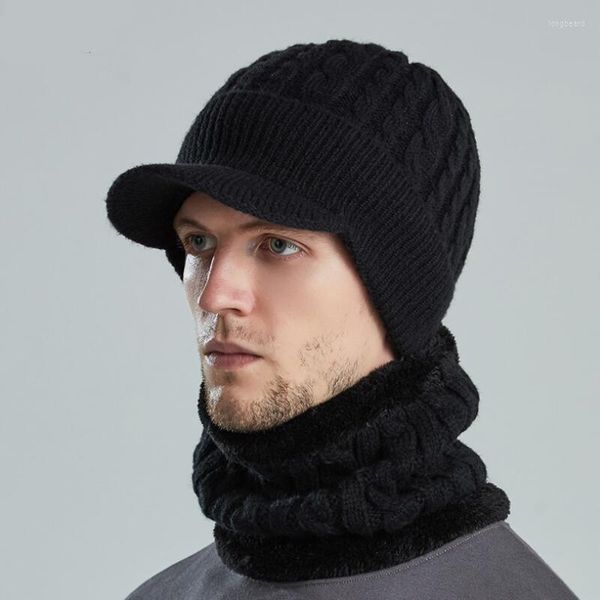 Cappelli Sciarpe Guanti Set Uomo Berretto invernale Cappello Sciarpa Scaldacollo Set Foderato in pile Visiera lavorata a coste Visiera da baseball Berretto da sole Paraorecchie