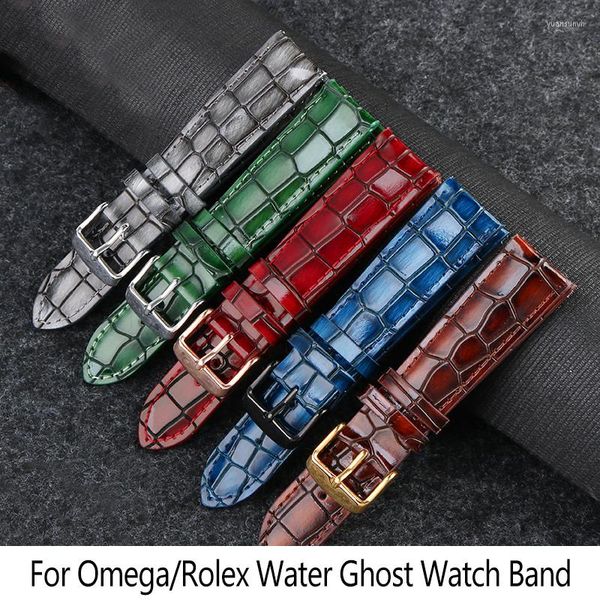 Uhrenarmbänder Helles, hochwertiges Lederarmband für O-MEGA/R-OLEX Water Ghost Serie 18 20 22 mm blaues Vintage-Alligatorkorn-Rindsleder-Uhrenarmband