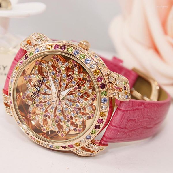 Avanadores de pulso Luxo Melissa Lady Women's Women Full Shorn Rhinestone Crystal Fashion Horas Vestido Bracelet Clock Lucky Flower Girl's Gift