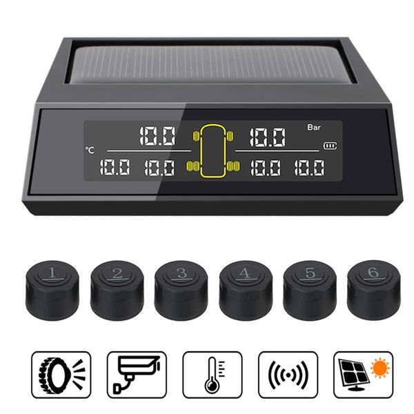 Car Solar Power TPMS 6Pcs/set Sensore esterno Sistema di monitoraggio della pressione dei pneumatici Monitoraggio della gamma di pressione dei pneumatici Schermo a colori LCD